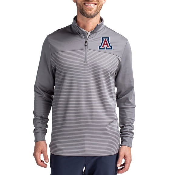 Men's-Cutter & Buck  Gray Arizona Wildcats Traverse Stretch Eco Stripe DryTec Tri-Blend Quarter-Zip Pullover