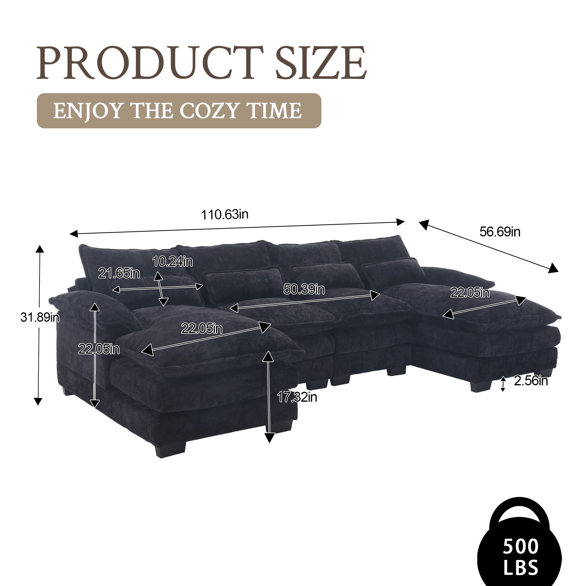 MOONMISS Chenille Upholstered U-Shaped Oversized four-seater Living Room Sectional Sofa With Wooden Frame-Black