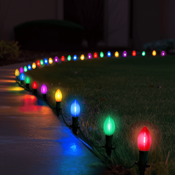 61Ft C9 LED Christmas Pathway Lights Outdoor, 40 Multicolor Bulbs Connectable Christmas Walkway Lights with Stakes for Yard Lawn Sidewalk Driveway Christmas Decorations