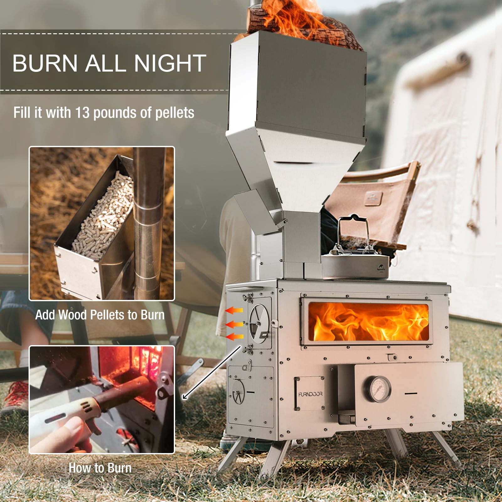 Wood Burning Stove with Oven - Portable Pellet Stove with Chimney Pipes, 304 Stainless Steel Construction Outdoor Hot Tent Camping Stove for Winter, Hunting, Cooking, Hiking, Fishing