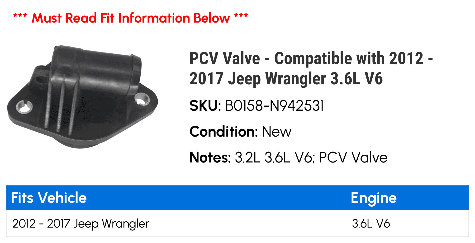 PCV Valve - Compatible with 2012 - 2017 Jeep Wrangler 3.6L V6 2013 2014 2015 2016