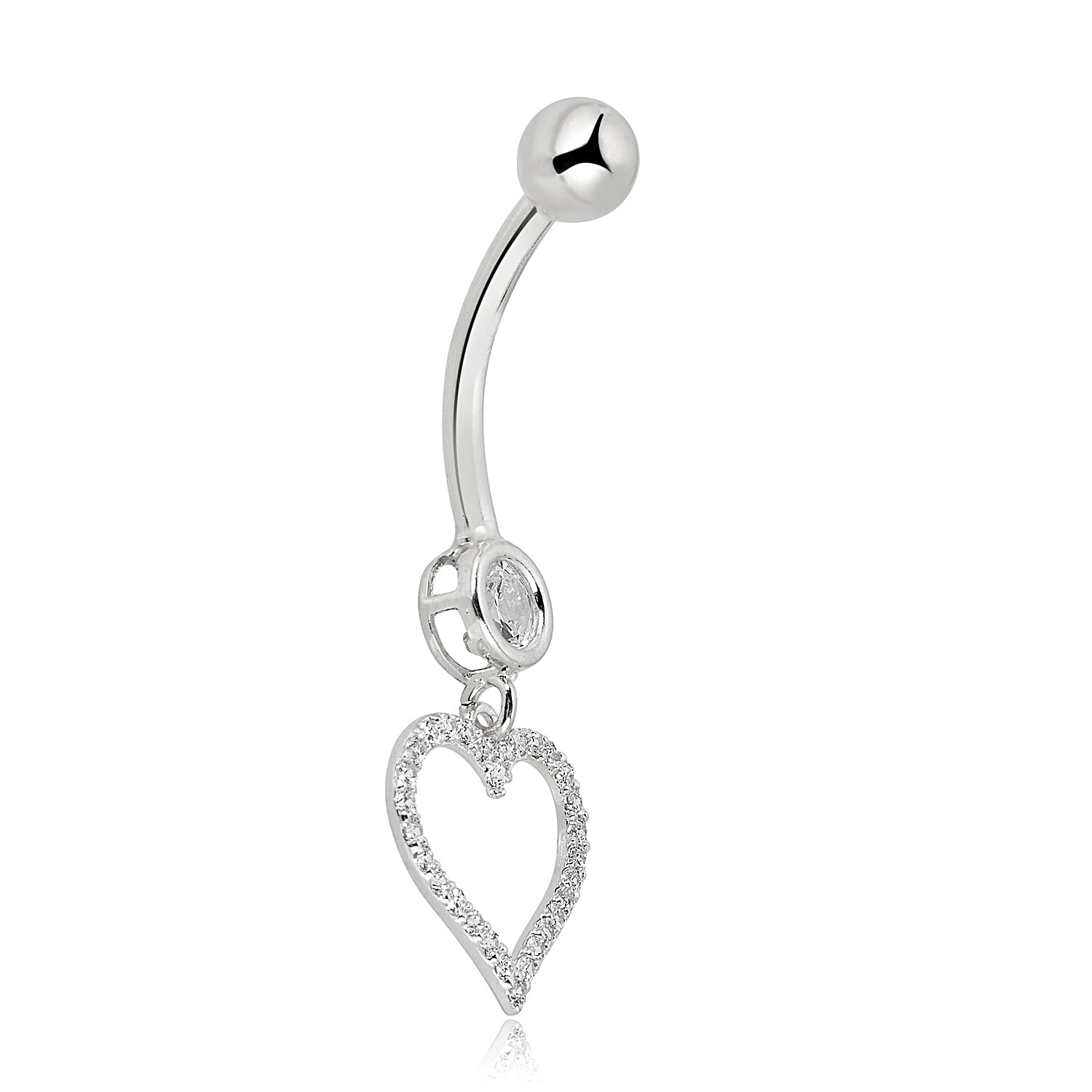 AVORA 10K White Gold Simulated Diamond CZ Open Heart Dangling Belly Button Ring Body Jewelry (14 Gauge)