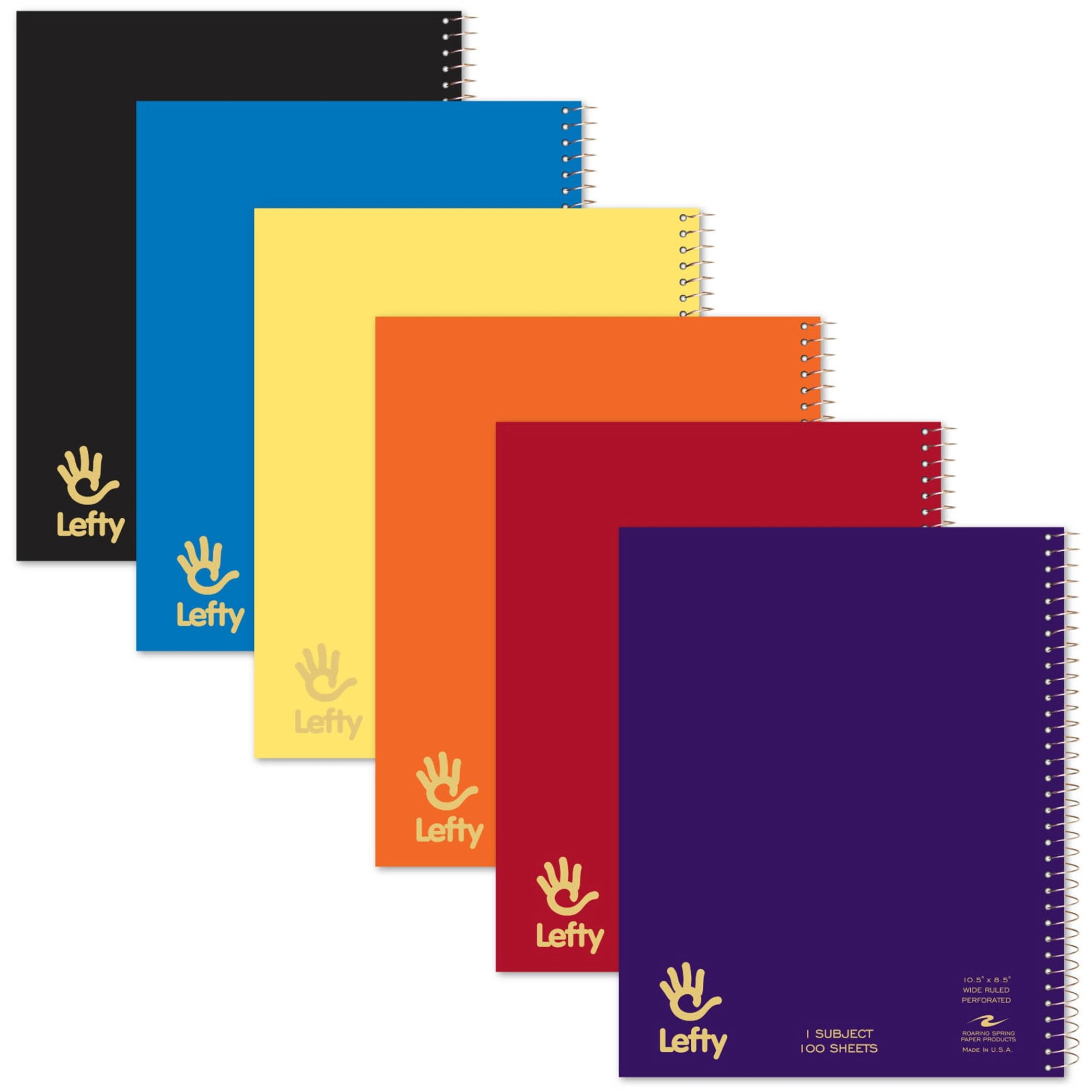 Roaring Spring Lefty Subject Wide Ruled Left Handed Spiral Notebook, 1 Case (24 Total), 10.5" x 8.5" 100 Sheets, Assorted Saranac Covers