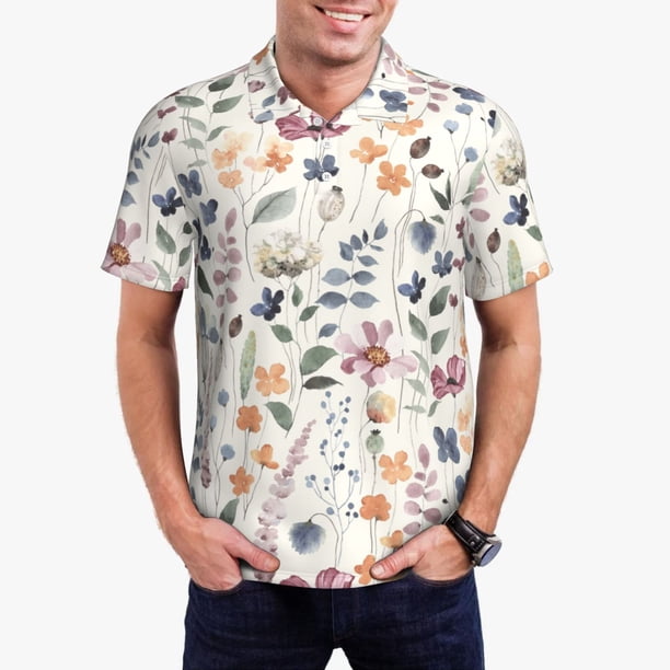 Fotbe Watercolor Floral Camiseta Polo de Golf para Hombre con Estampado – Camisa Deportiva Transpirable con Cuello Abotonado-Small
