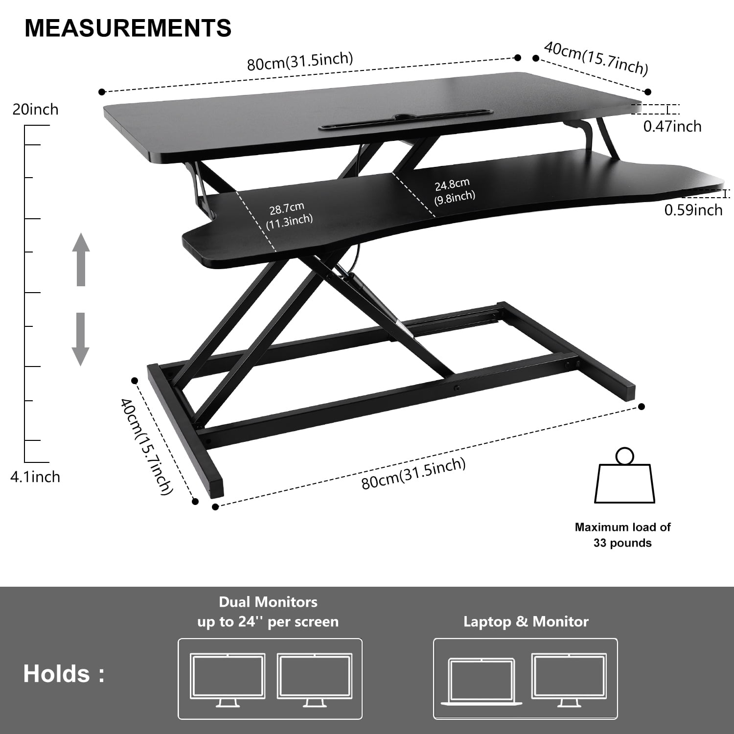32'' Height Adjustable Standing Desk, Converter Tabletop, Dual Monitor Riser Workstation, Black