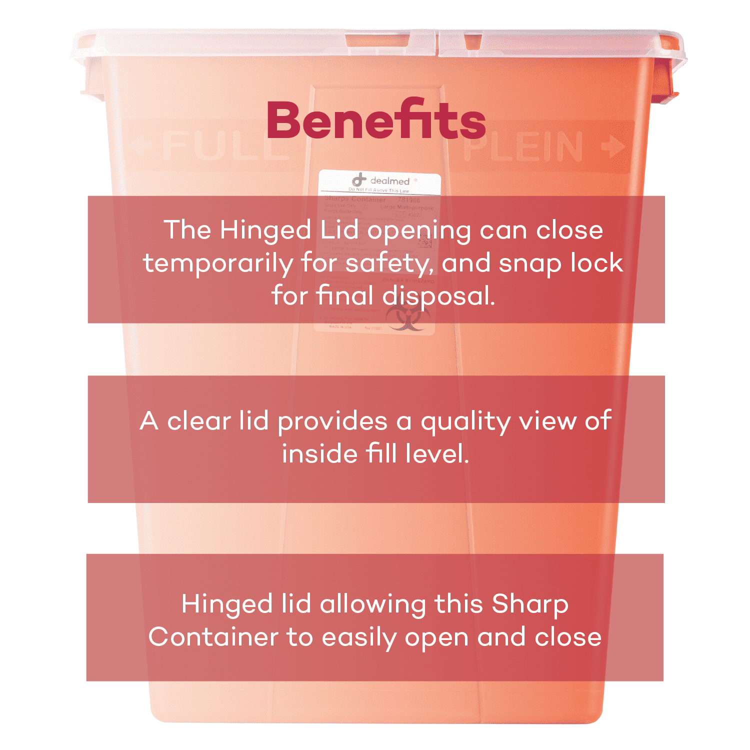Dealmed Sharps Container, 8 Gallon Hinged Lid, Red (Case of 10)