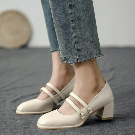 

HIBRO Women s Fashion Square Toe Shallow Double-Breasted Thick High-Heeled Shoes
