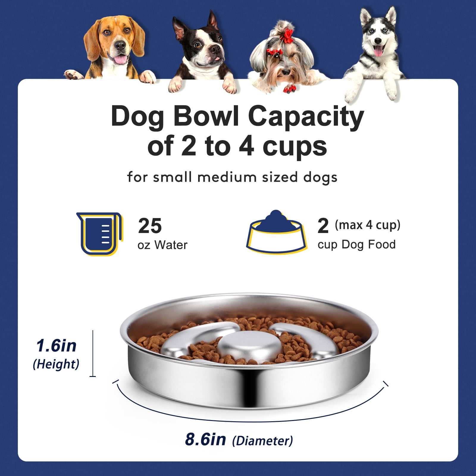 Slow Feeder Dog Bowl Stainless Steel, Non-Slip Rubber Base Metal Dog Bowls, 8.6" Slow Water Bowl for Dogs Small Medium, Fun Bloat Stop Pet Bowl for Fast Eaters, Puzzle Maze Bowl Slow Down Eating
