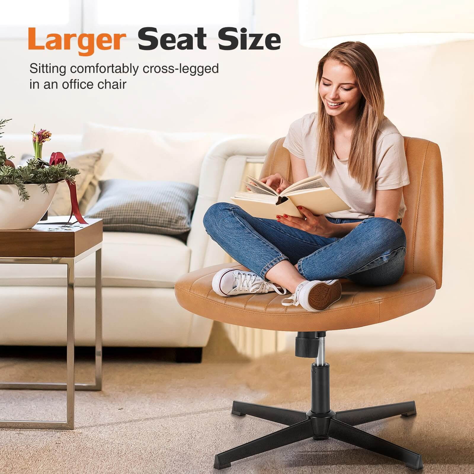 Cross-Legged Armless Swivel Chair without Wheels for Home Office