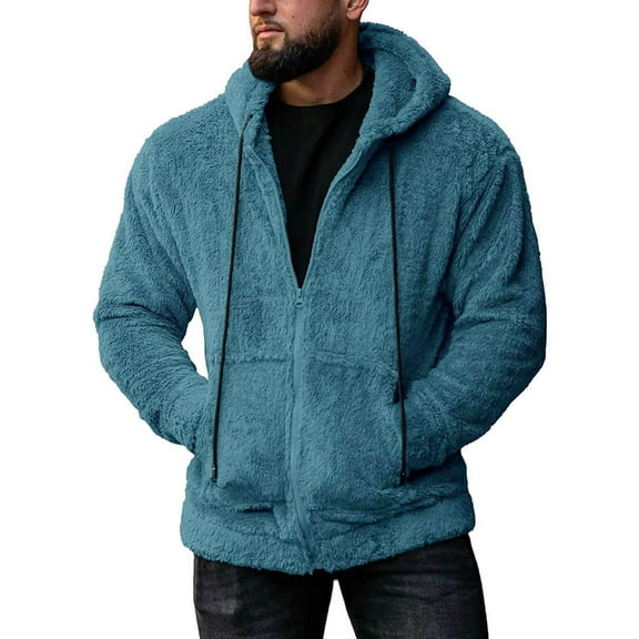 Mens Fuzzy Sherpa Jacket Fluffy Fleece Zip Up Open Front Hooded Cardigan Fashion Casual Fall Winter Warm Outwear With Pocket