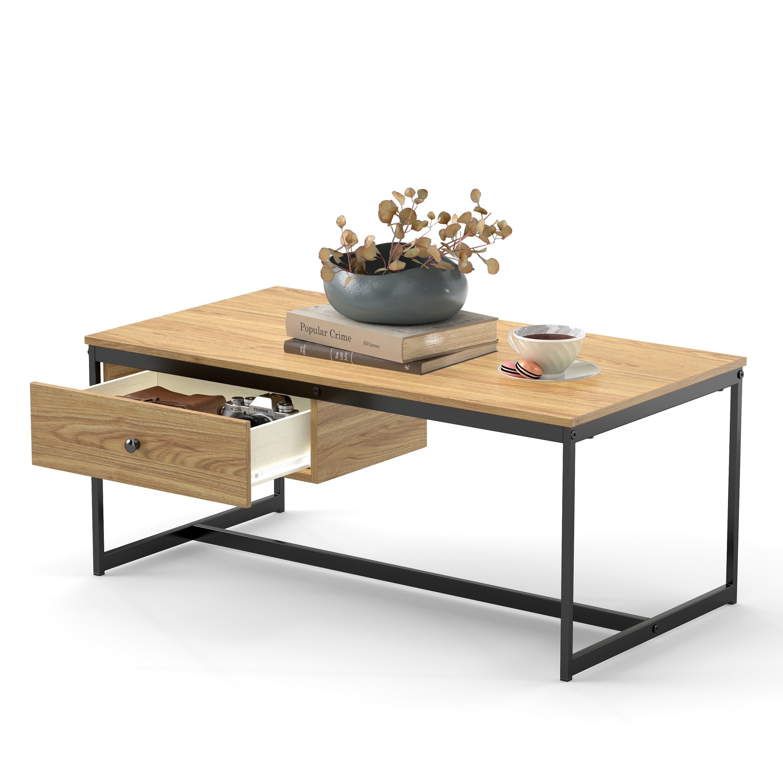 Manxile Industrial Rectangle Wood Coffee Table Metal Cocktail Table with Drawer, Natural