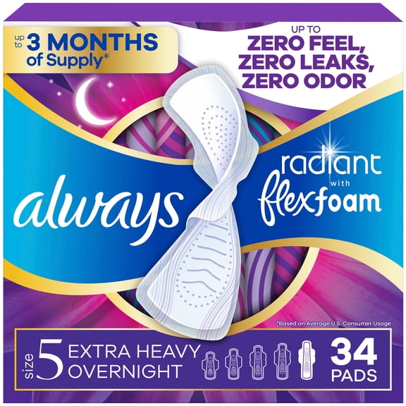 Always Radiant with FlexFoam Pads, Size 5, Extra Heavy Overnight, with Wings, Unscented, 34 Count