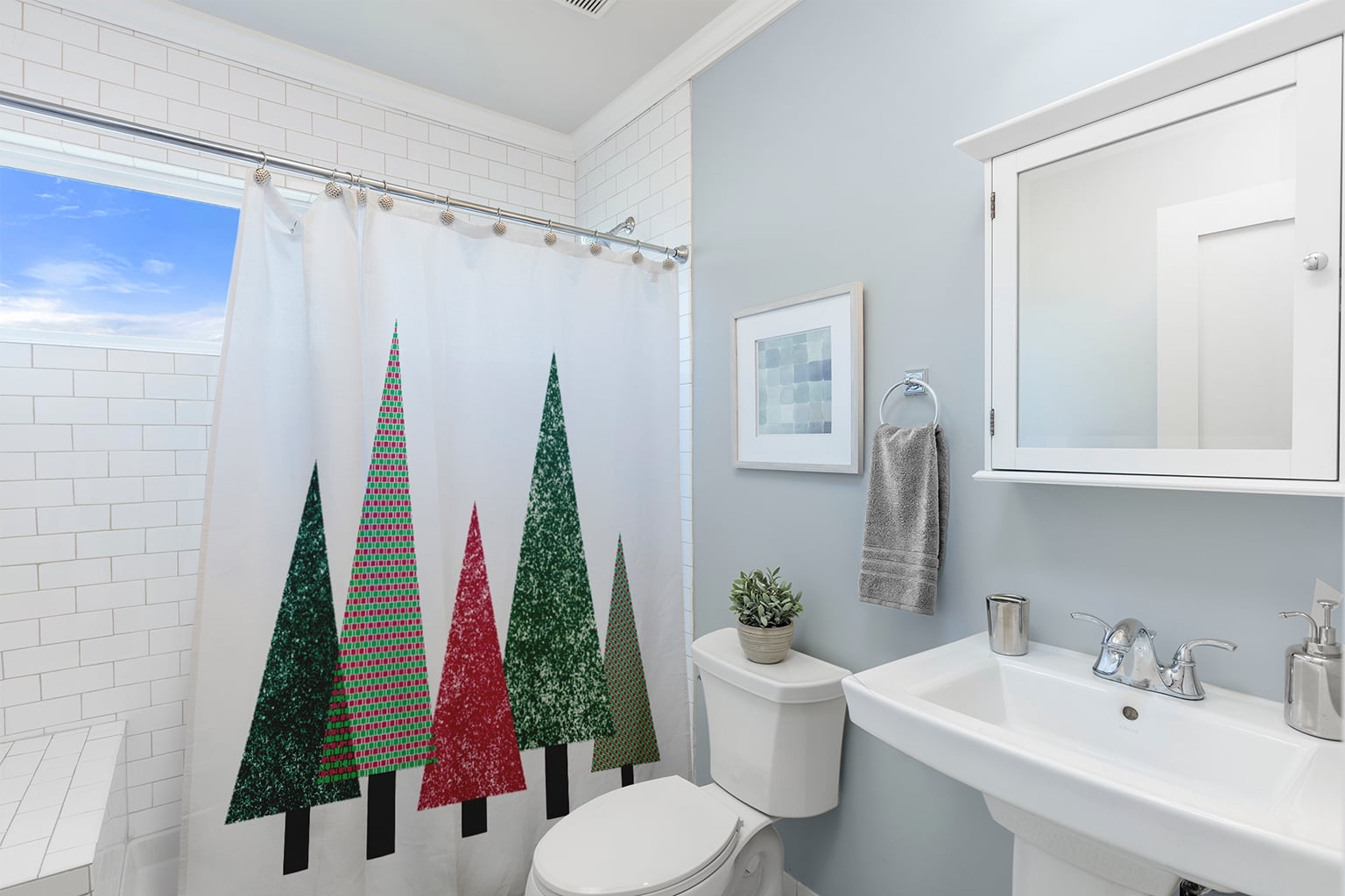 Simply Daisy 70" W x 73" L Triangle Trees Polyester Shower Curtain, Christmas Pink [1 Ct]