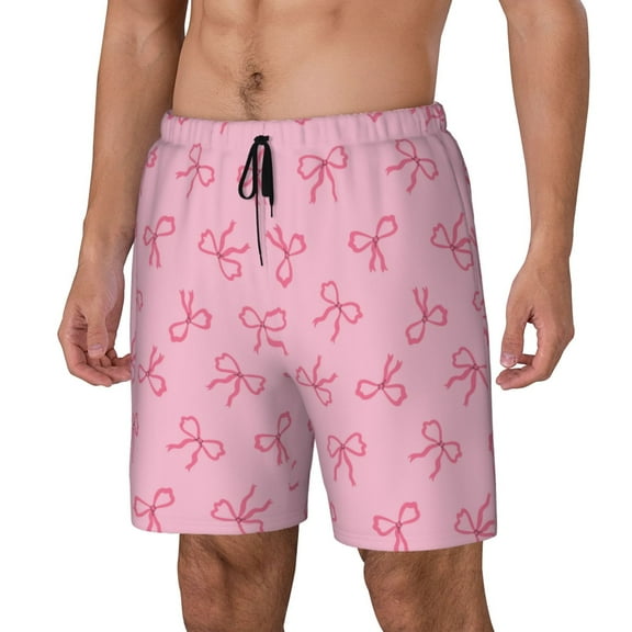 Picia Pink Bows pattern Mens Swim Trunks with Compression Liner Stretch Beach Shorts Quick Dry with Zipper Pockets No-Chafing Board Shorts-Small