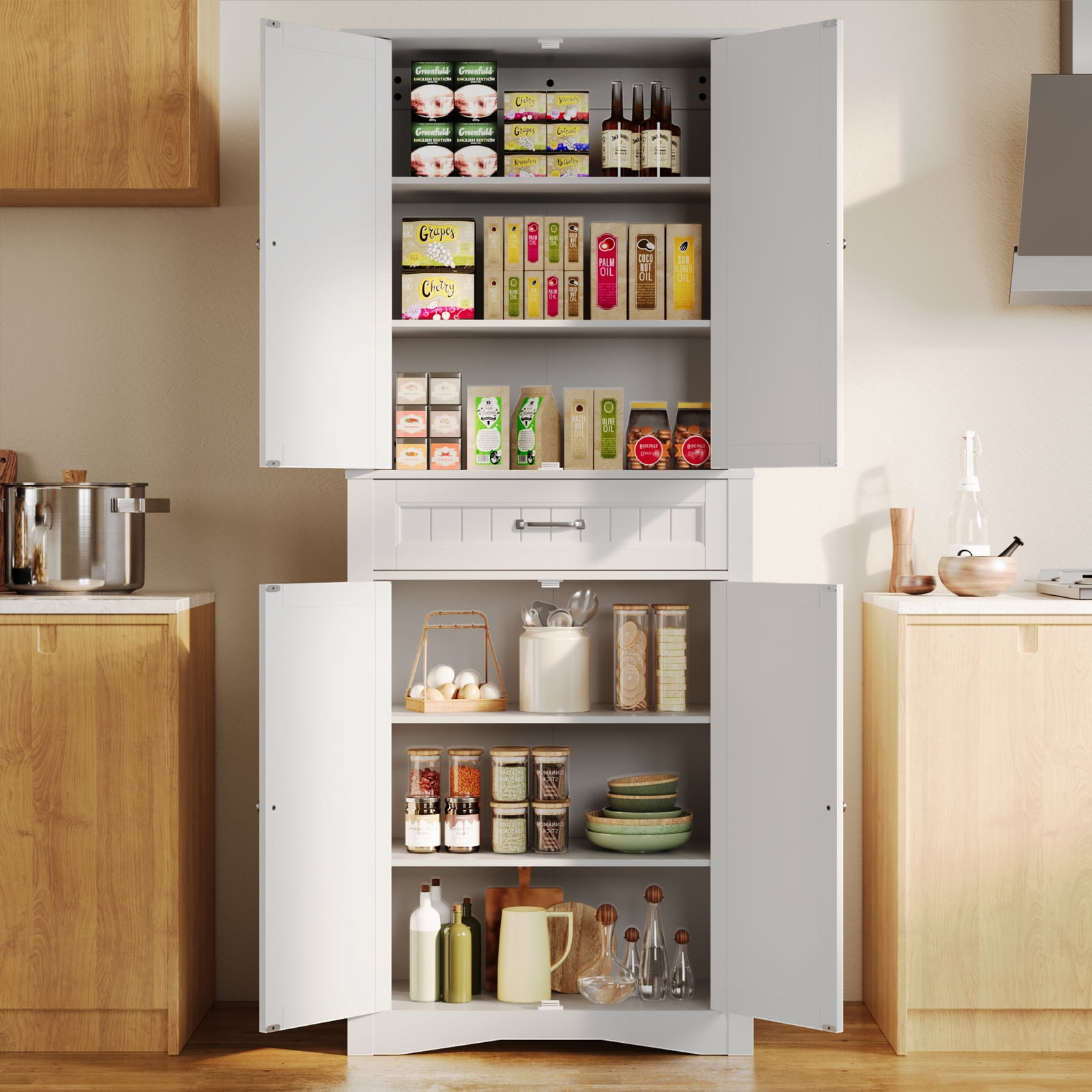 71" Tall Freestanding Storage Cabinet, 4 Doors, Adjustable Shelves and Large Drawer, Multi-Purpose Cabinet for Home White