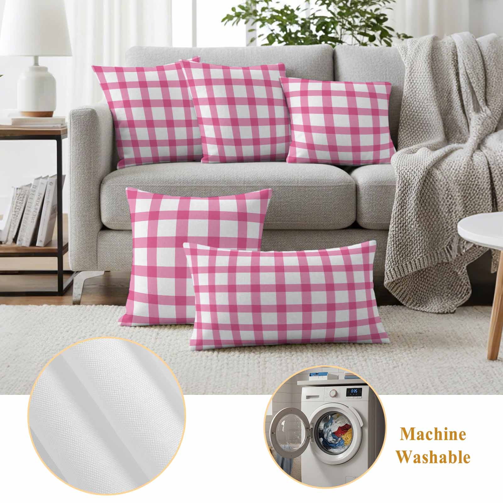 Pink and Pillow Covers 2 Pack White Checker Plaid Pillowcase Waterproof Outdoor Throw Pillow Cover for Patio Garden Square Cushion 18”x18”
