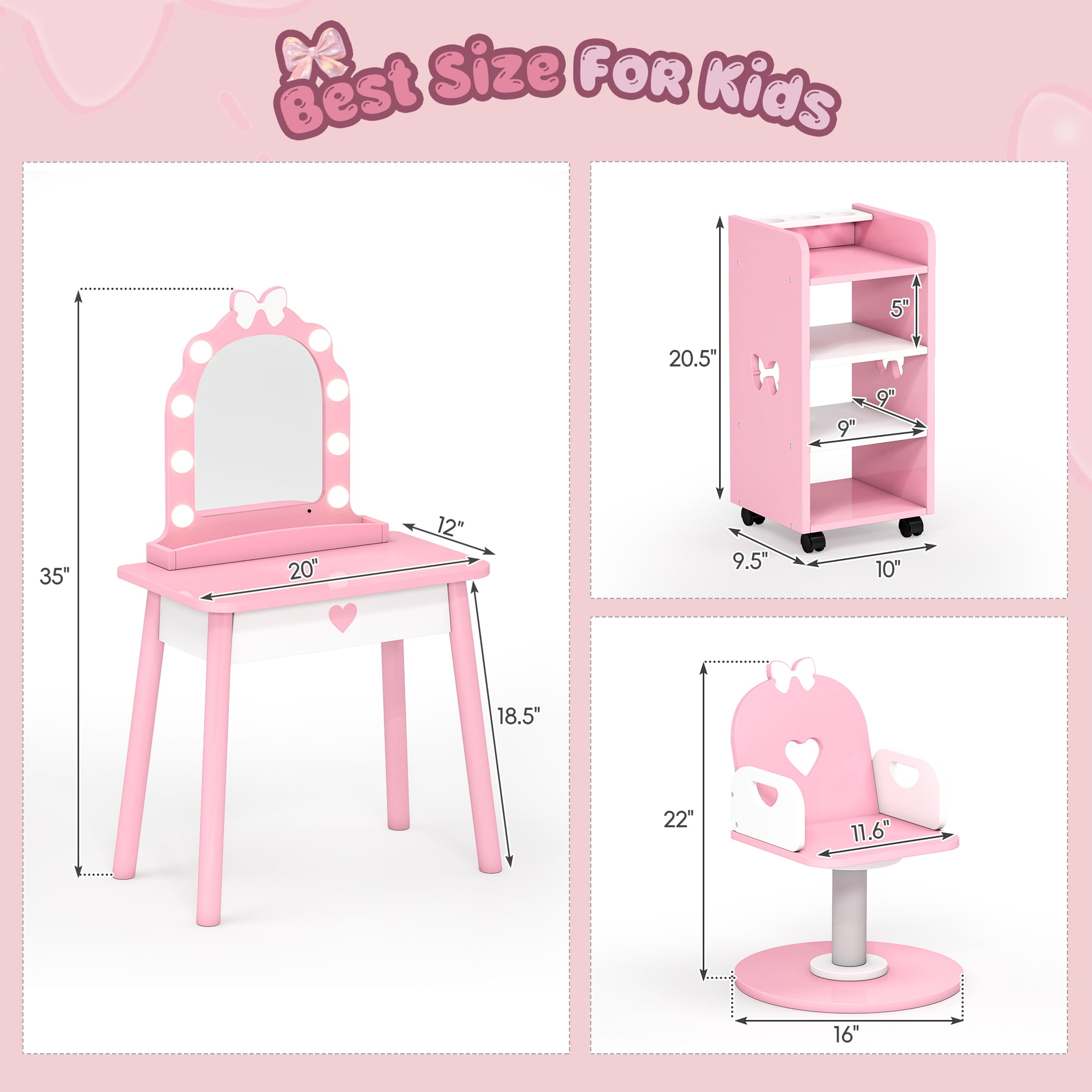 Reasea Kids Vanity Set with Light & Barber Chair, Pretend Play Makeup Dressing Table with Storage Shelf, 7 Pcs Hair Salon Accessories