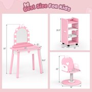 Reasea Kids Vanity Set with Light & Barber Chair, Pretend Play Makeup Dressing Table with Storage Shelf, 7 Pcs Hair Salon Accessories
