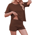 thumbnail image 2 of Conjuntos de Dos Piezas de Punto para Mujer, Blusa y Pantalones Cortos de Corta con Bordes Rematados, Ropa de Estar por Casa y para Viajar. Color Café XL, 2 of 10