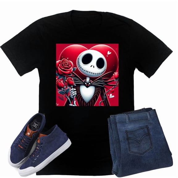 Jack Skellington Hearts Love, Valentine Shirt Unisex Short Sleeve Shirt (Black-2X Large)