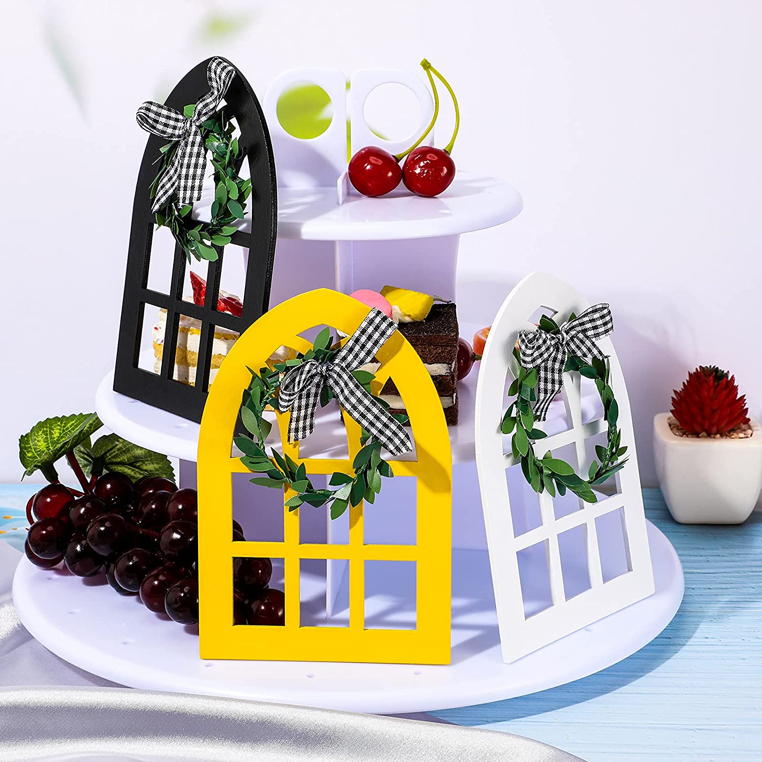 3 Pieces Wooden Window Tiered Tray Decor Cathedral Arch Window Sign Mini Farmhouse Window Frame Decoration Summer Rustic Wooden Sign Decoration with Bow Wreath for Home Kitchen Shelf Display