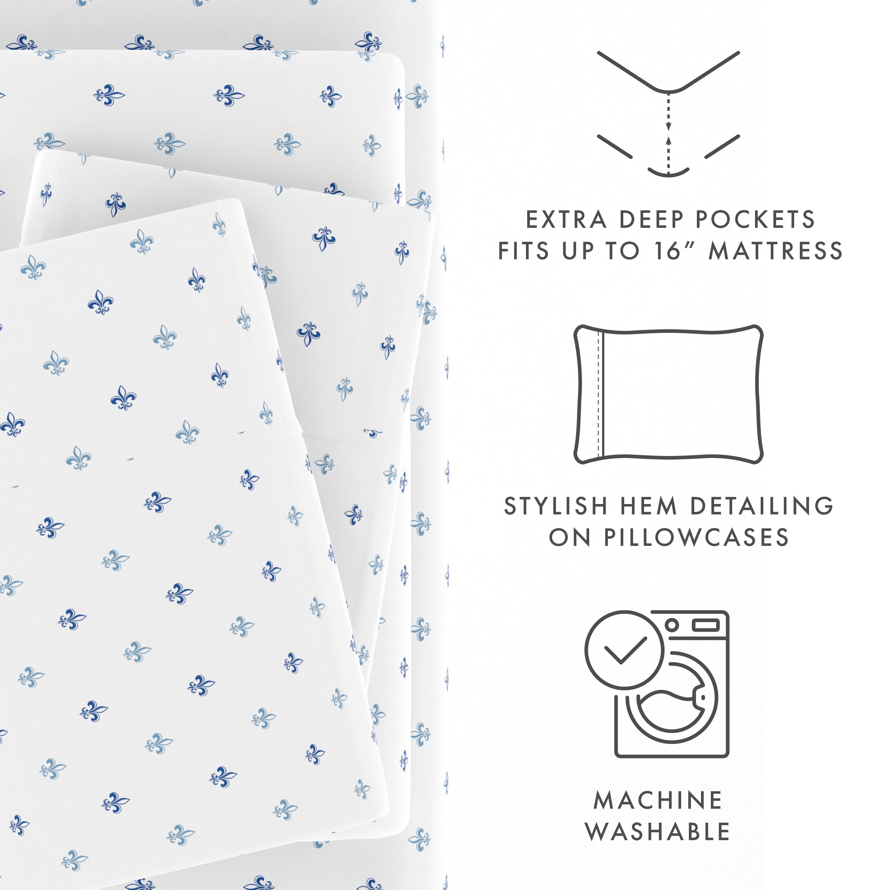 Noble Linens 4 Piece Pattern Microfiber Bed Sheets Set, Navy Lily, King