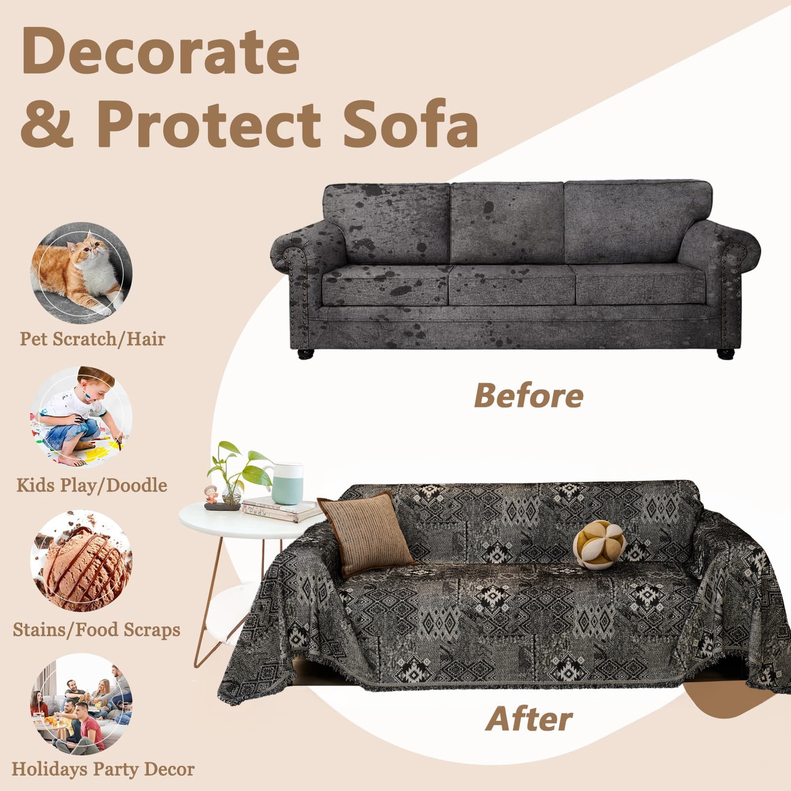 Sanmadrola Reversible Sofa Covers for Sectional Sofa, Couch Slipcover for Dogs Pet, Chenille Throw Covers with Tassels, Loveseat Futon L Shaped Couch Cover Washable Furniture Protector, 71" x 134"