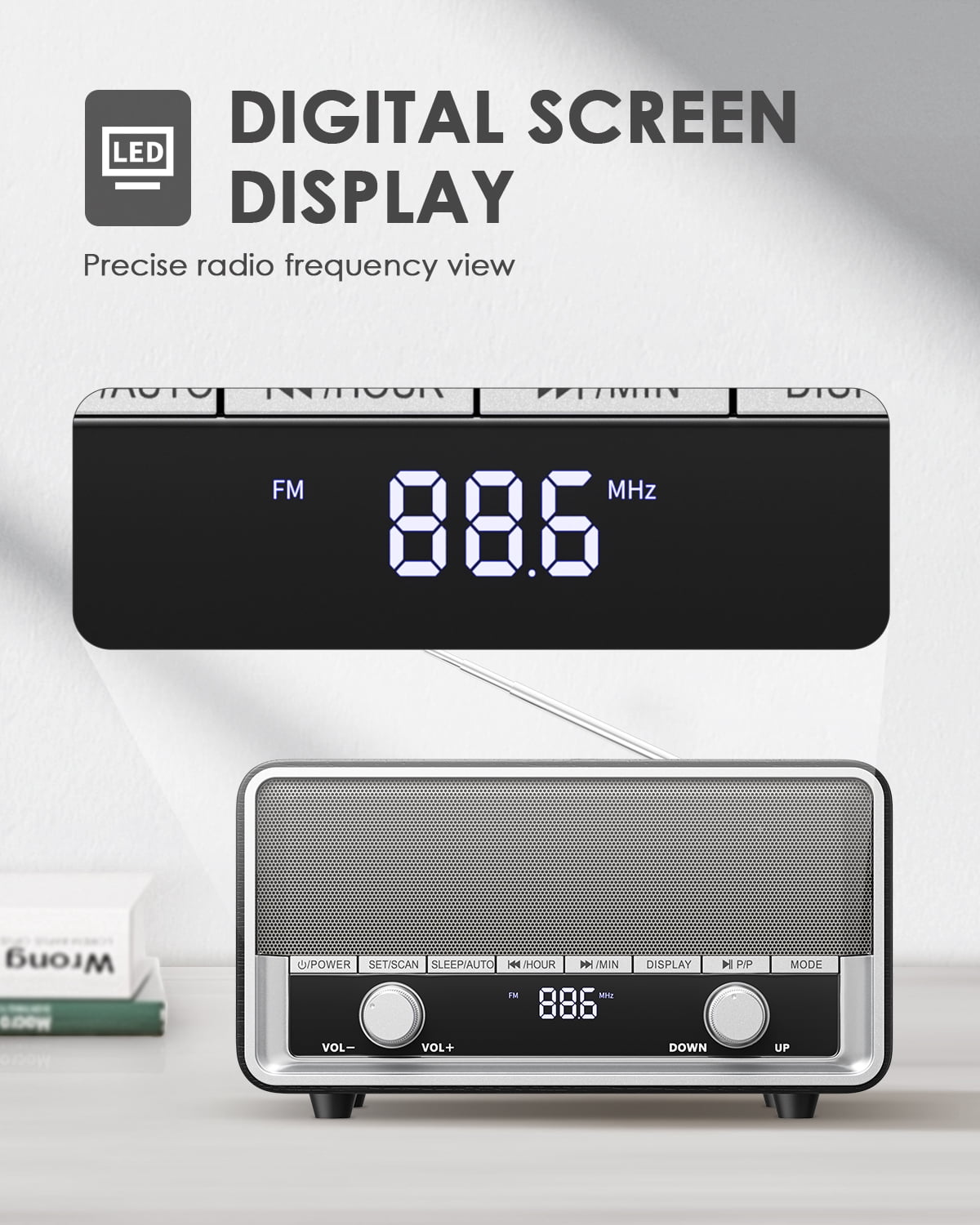 Retro AM FM Radio Plug in Wall, Digital Clock Radio for Bedroom with LCD Display| 40 Presets | Sleep Timer | No Alarm, Retro Bluetooth Speaker for Office,Great Gift Black