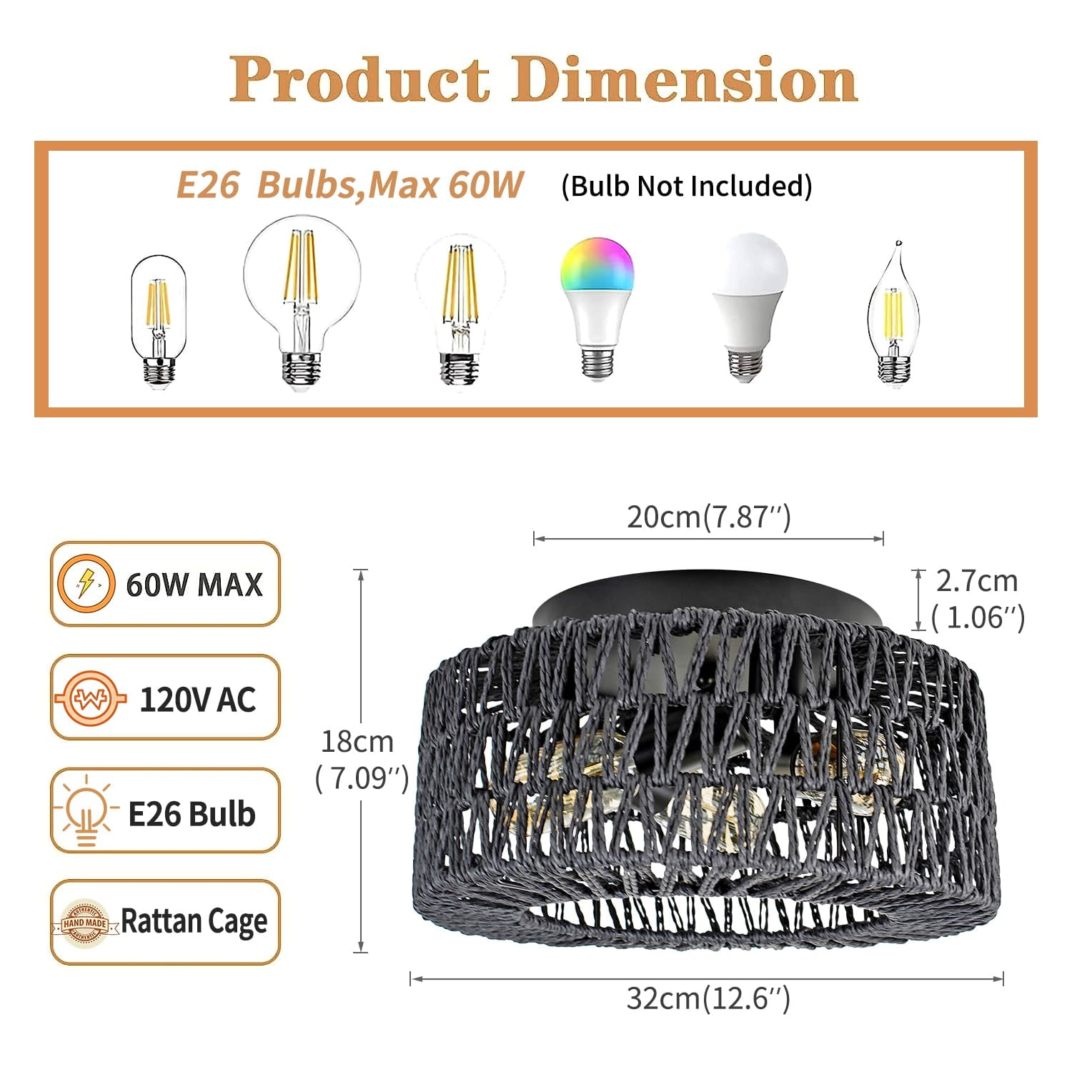 Lohas Led 3-Light Black Rattan Flush Mount Ceiling Light with  Hand-Woven Cage Shade for Hallway Bedroom