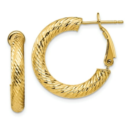 Primal Gold 14 Karat Yellow Gold 4x15mm Diamond-cut Round Omega Back Hoop Earrings