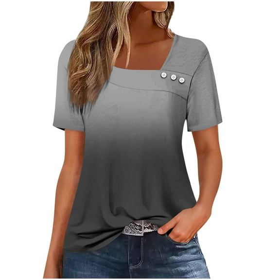 DeHolifer Womens Tops Petal Sleeve Gradient Color Summer Trendy T-Shirt Casual Loose Square Neck Button Blouse Tees Black M