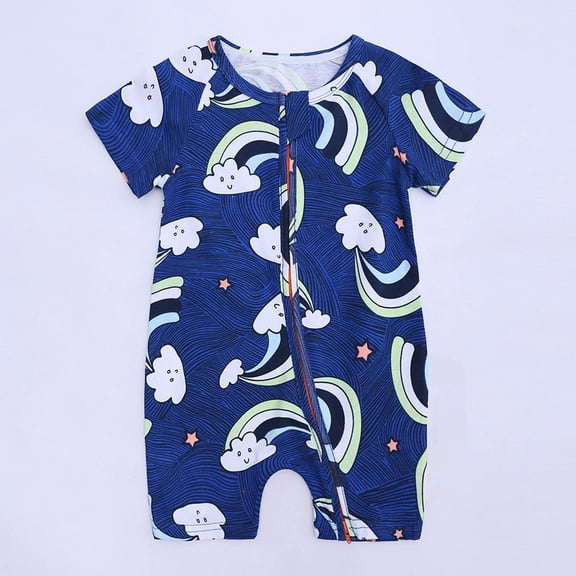 uublik Romper for Girls Cute Pattern Short Sleeve Double Zipper Romper Jumpsuit Blue 9-12 Months