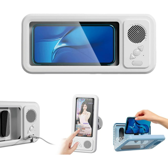 Support de Téléphone Étanche Aqua Play avec Haut-Parleur - Rotation à 360°, Angle Réglable et Tactile, Étui de Douche Sans Perçage pour Miroir de Salle de Bain et Baignoire