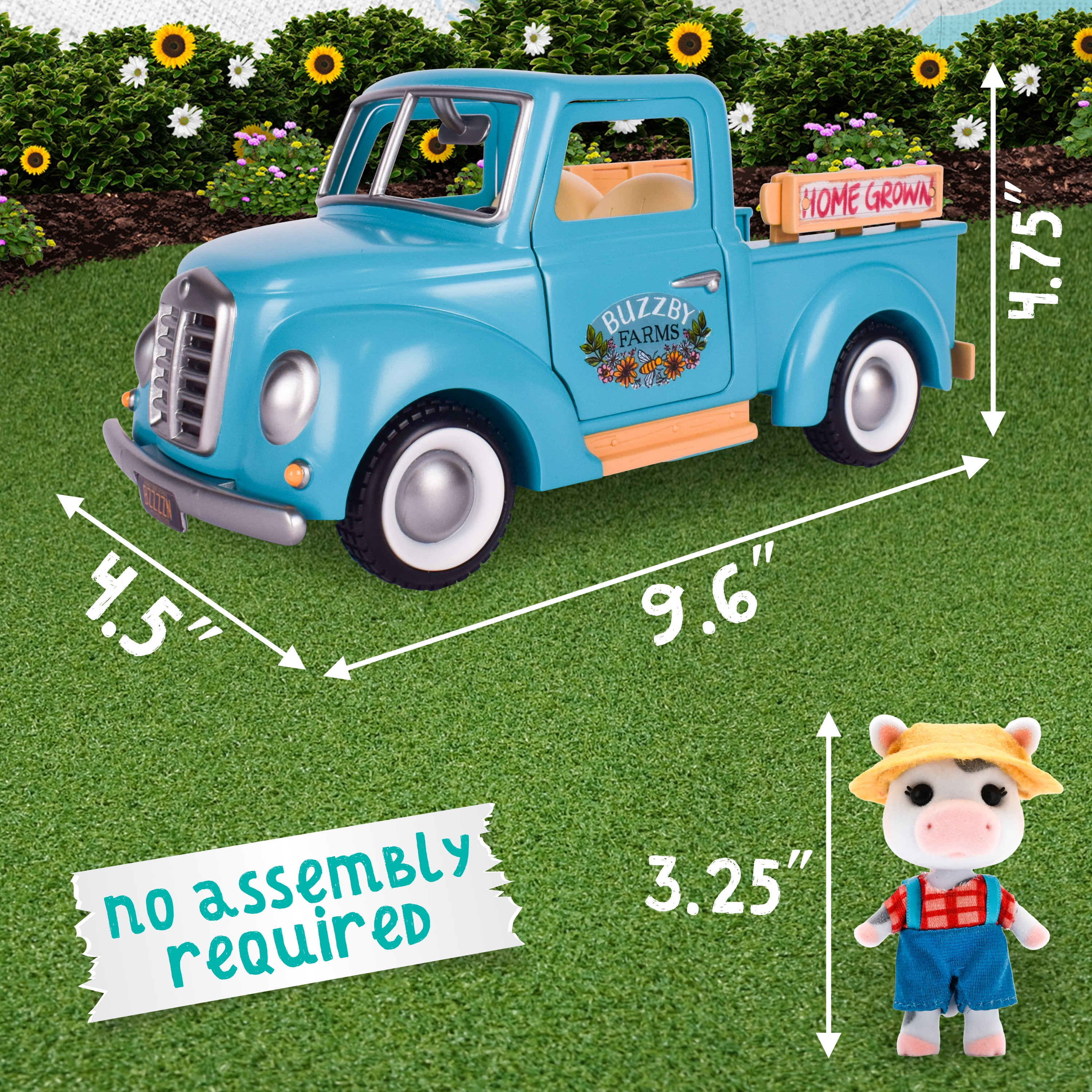 Honey Bee Acres Buzzby Farm Truck – Toy Vehicle with Miniature Food Accessories and Cow Figure – Seats 4 Dolls – Dolls for Kids Ages 3+