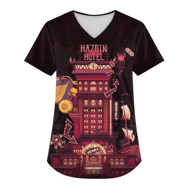 Hazbin Hotel Más Tamaño Impreso Scrub Uniforme de Trabajo Tops Para las mujeres V-Cuello de Navidad Imprimir Manga Corta Diversión Camisetas Ropa de Trabajo Tee Con Bolsillos Rojo/L