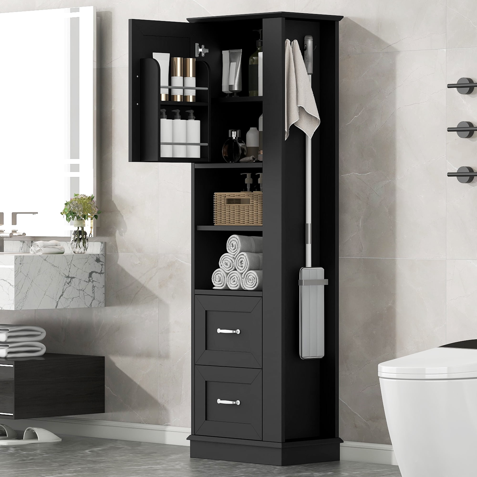 Tall Bathroom Storage Cabinet, Freestanding Storage Cabinet with Hook and Adjustable Shelf, MDF Board, Black, Upper Door Cabinet with Built-in Shelf and Lower Two Drawers