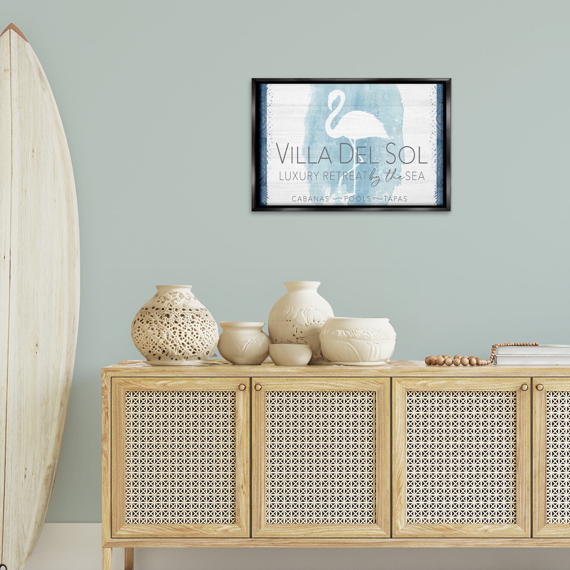 Stupell Industries Beach Retreat Flamingo Sign Nautical & Beach Painting Black Floater Framed Canvas Art Print Wall Art, 25 x 17