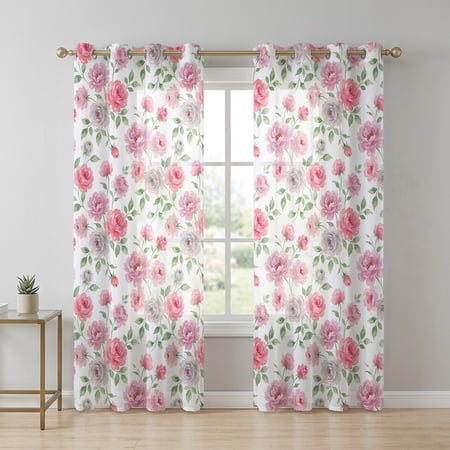 Pink Roses Sheer Curtains 96 Inch Long 2 Panels Watercolor Grey Pink Floral Leaf Light Filtering Semi Sheer Drapes Grommet Voile Window Curtain for Living Bedroom W52 x L96