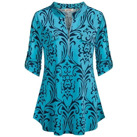BEPEI Floral Tops for Women,Three Quarter Long Sleeves with Button Bohemian Style Blouses Flower Print Fashion Zipper Neckline Tunics Comfy Basic Chiffon Shirt Fall Clothes 2023 Casual Summer Aqua M
