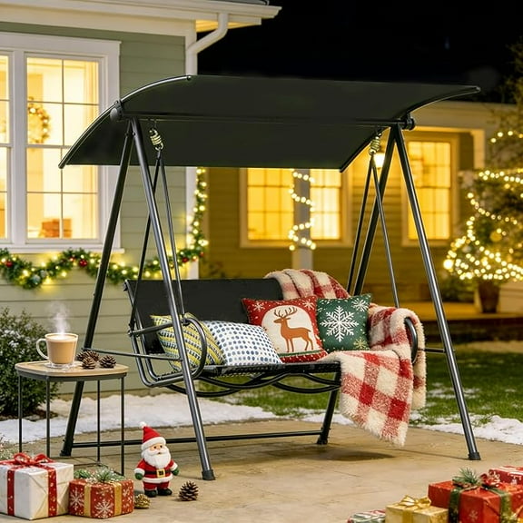 LAUSAINT HOME 3-Seat Patio Swing Chair with Adjustable Canopy, Outdoor Porch Swing with Durable Steel Frame and Removable Cushion, Black