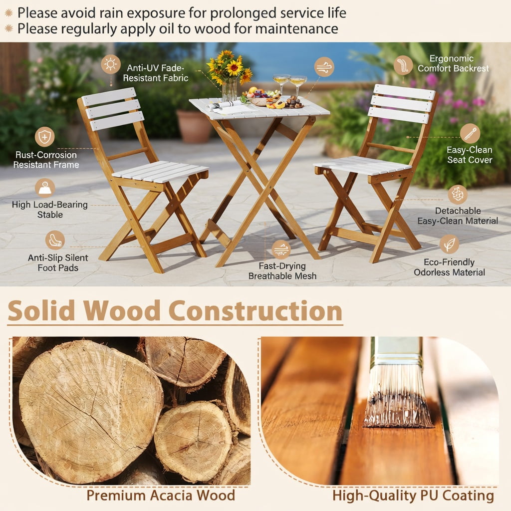Hommoo 3-Piece Foldable Acacia Wood Patio Bistro Set, Outdoor Chairs + Square Table, Space-Saving Design for Porch, Deck & Garden, Natural