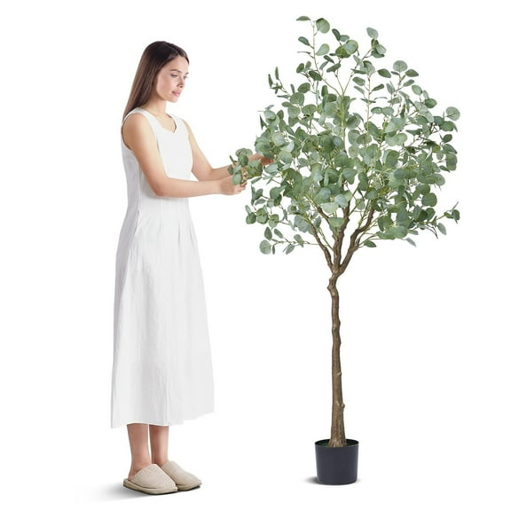 6FT Artificial Eucalyptus Tree Faux Potted Plant PE Material Anti Tip Tilt Protection Low Maintenance Lifelike Green Fake Tree for Home Office Indoor Outdoor Decor