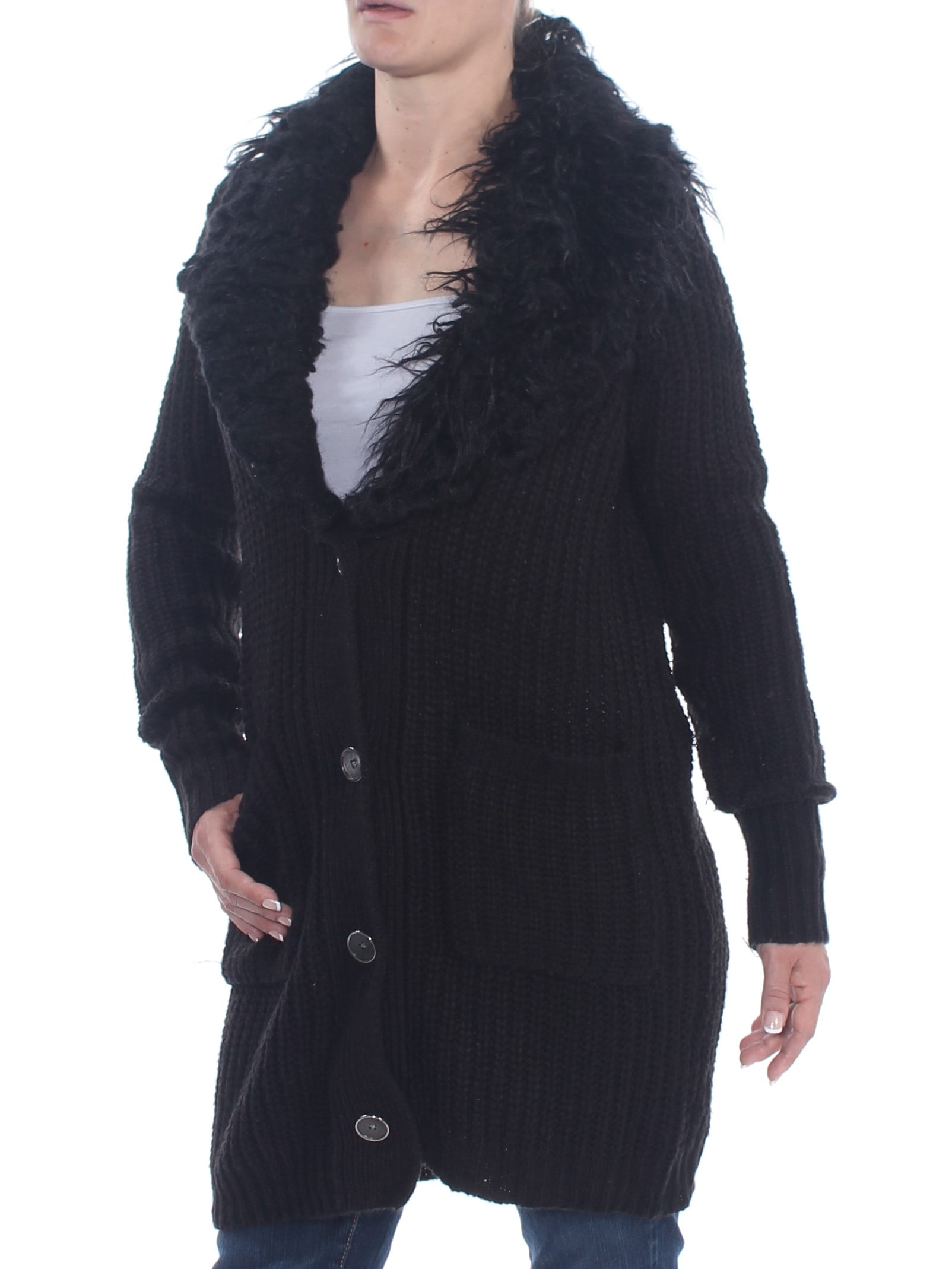 Jessica Simpson - JESSICA SIMPSON Womens Black Faux Fur Trim Cardigan