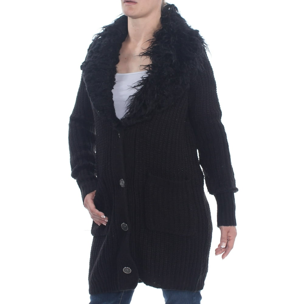 Jessica Simpson Jessica Simpson Womens Black Faux Fur Trim Cardigan Long Sleeve Sweater