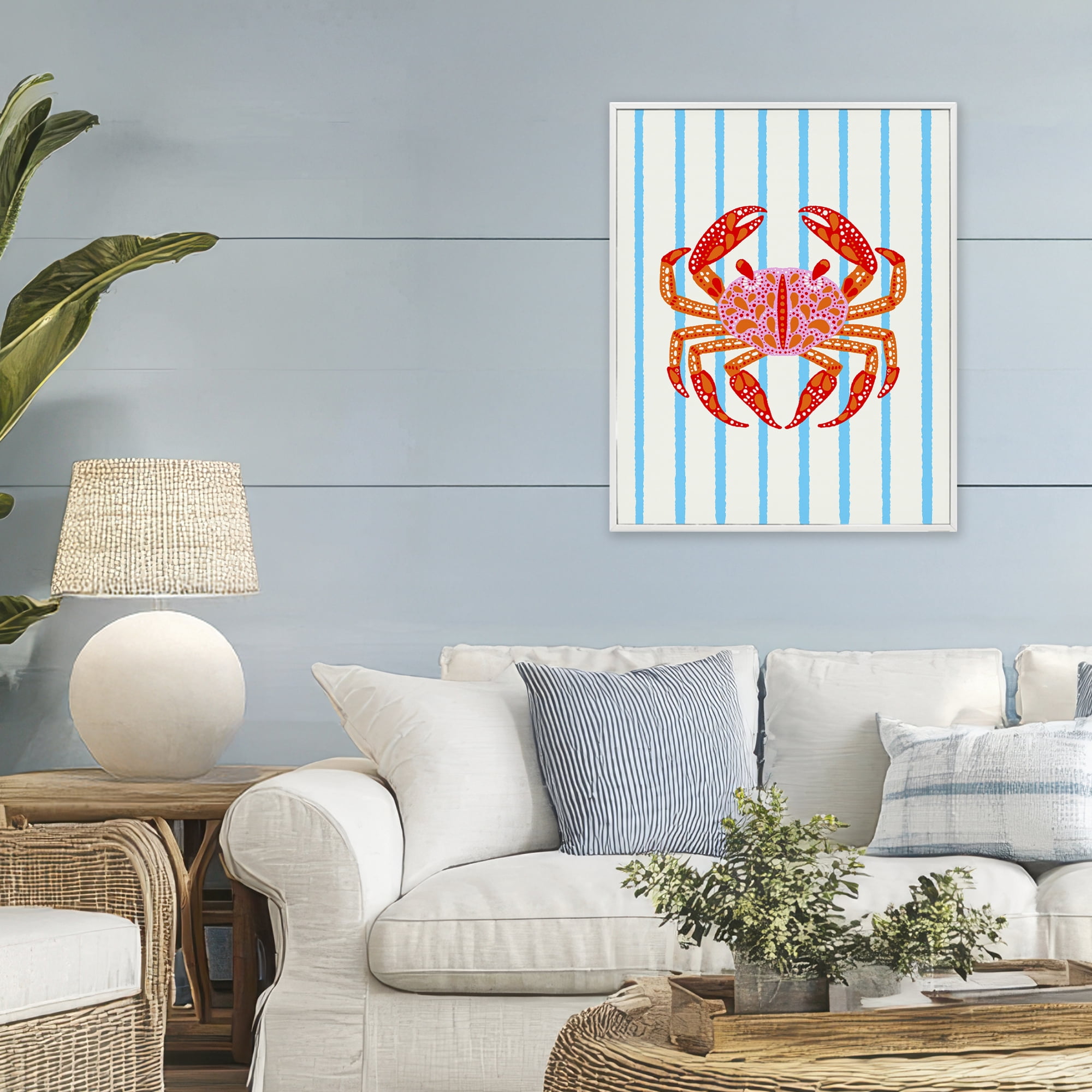 Stupell Industries Bright Crab on Stripes White Framed Giclee Art, design by Indira Prieto | IndySign