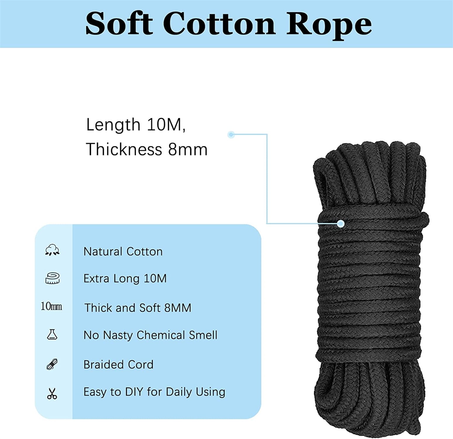 Skin Friendly Smooth Rope Durable Thick Rope Soft Braided Twisted Silk  Rope（Black，Black）