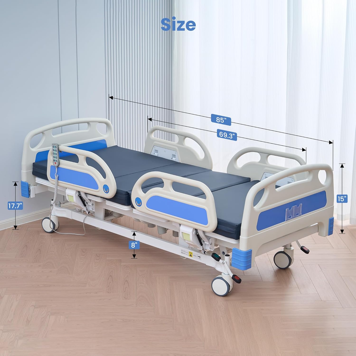 Naipo 5 Function Full Electric Hospital Bed, ICU Electric Medical Bed, 5 inch Locking Casters, IV Pole for Home Hospital Use, 530lbs Capacity