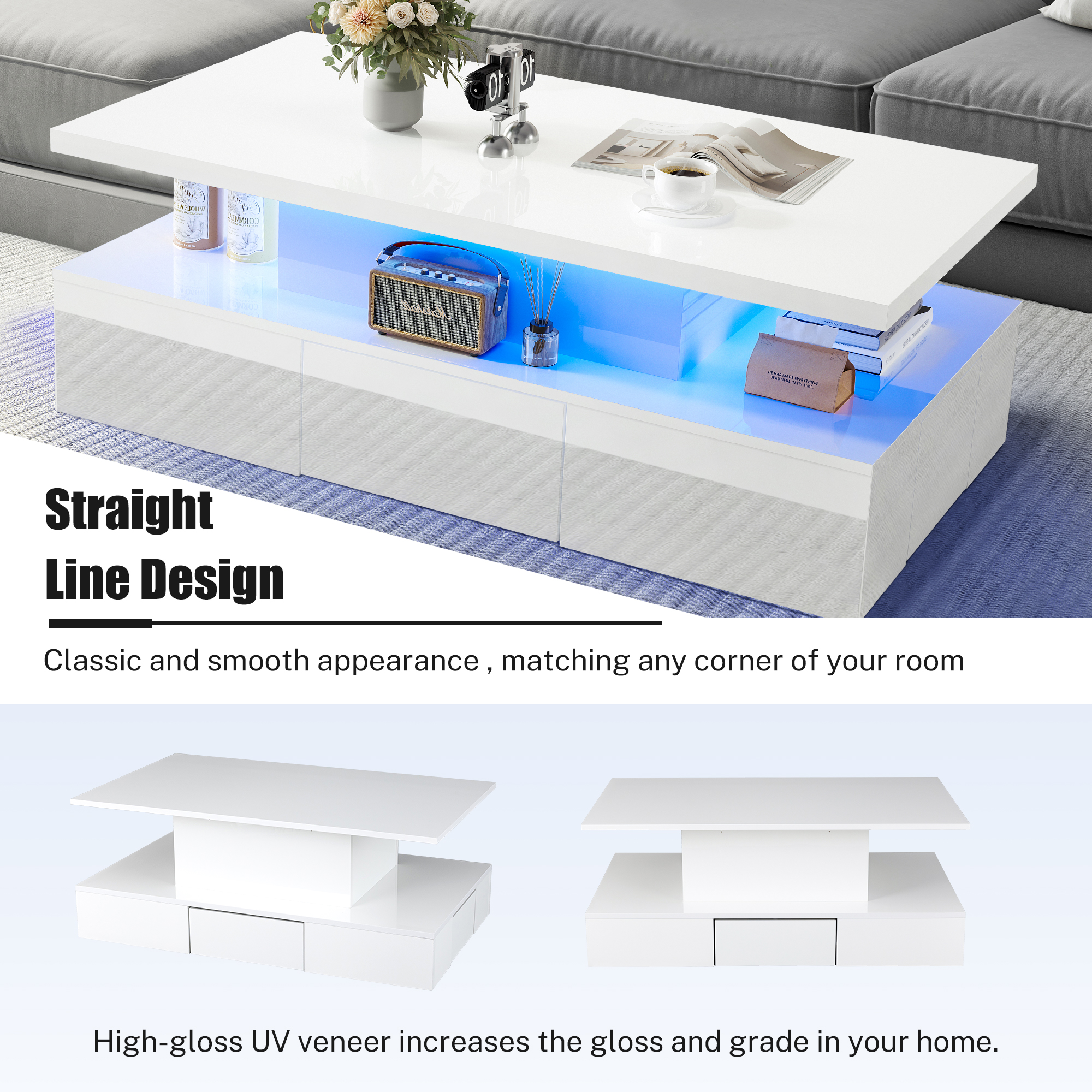 White LED Coffee Table for Living Room, PAPROOS Modern High Glossy Center Table with 4 Drawers, Smart Cocktail Table Rectangle, Sofa Side Tea Tables with LED Lights, 41"L×25"W×16"H