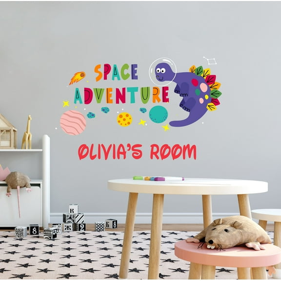 KIDS ROOM - Personalized Name Space Dinosaur Décor Sticker Multicolored Space Adventure Lettering Art Planets Moon & Stars Design Vinyl Kids Bedroom Wall Decal 10" x 6"