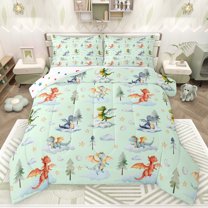 Feelyou Dreamy Cute Dragon Full Size Comforter Sets for Kids, Tree Plant Botanical Bedding Comforter Set, Green Cartoon Dinosaur Reversible Bedding Sets, Luxury Bedroom Decor, 3pcs